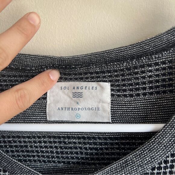 Anthropologie Sol Angeles Gray Striped Metallic Ruffle Short Sleeve Blouse - Picture 4 of 6